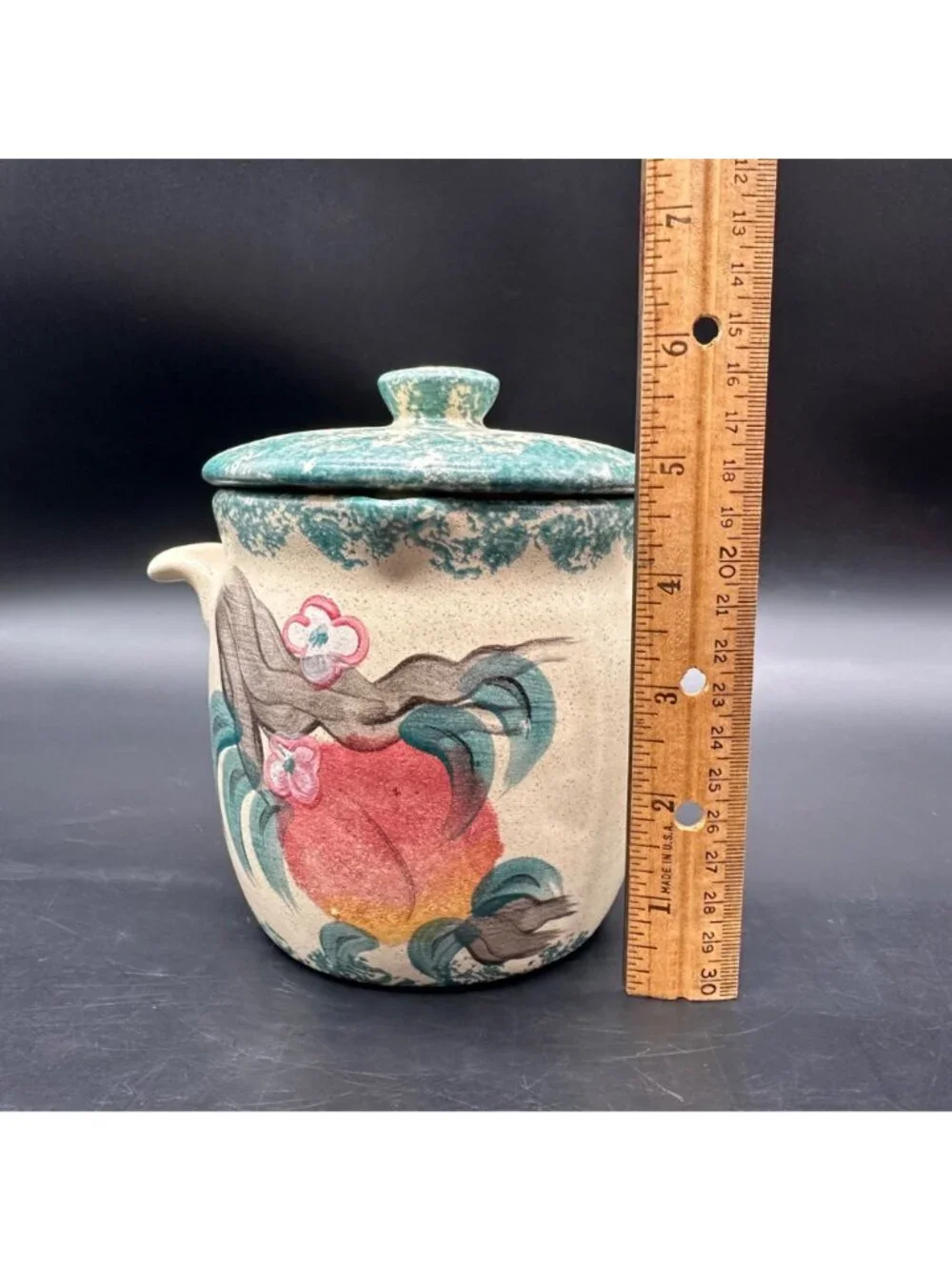 Vintage Grease Jar Container 1990s Peach Handmade Spongeware Pottery Farmhouse